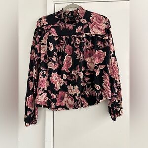 Women's Lucky Brand Black & Pink Floral Long Sleeve Smocked Mock Neck Sz M